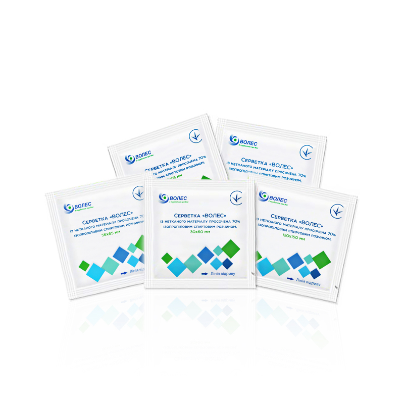 Серветка «ВОЛЕС» із нетканого матеріалу просочена 70% ізопропіловим спиртовим розчином, №100